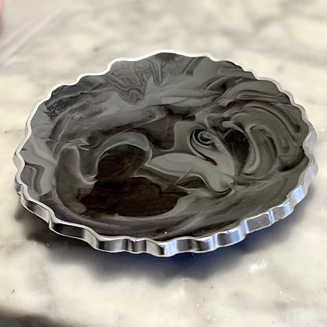 Dark Grey and Black Marble Resin Jewelry Dish With Silver Rim Trinket