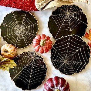 Hand drawn Black and Gold Spiderweb Geode-shaped Resin Coasters for Halloween Party Decor