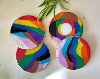 Art Deco PRIDE LGBTQ Rainbow Flag Ceramic Coasters with Heat Resistant Resin Top Coat | Queer Pride | LGBTQIA Decor | Love is love| Set of 4