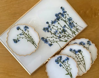 Pressed Blue Forget Me Not Flowers and White Resin Tray & Coasters with Gold | Housewarming Gift | Mother’s Day | Cocktails Coffee | Vanity
