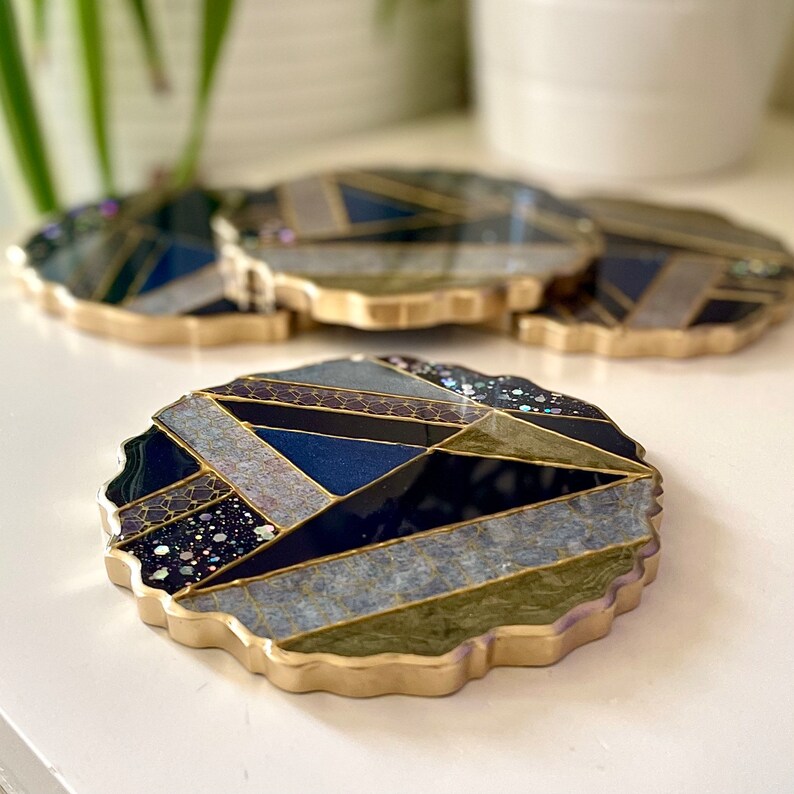 Navy, Blue, and Gold Geometric Geode-shaped Resin Coasters Washi Tape Cocktails & Coffee Housewarming Gift Christmas Jewelry Tray image 5