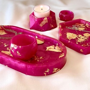 Fuchsia Jewelry Dish Gift Set | Gold Leaf | Hexagon | Geometric | Tealight Holder | Birthday gift | Trinket Tray | Wedding | Bridesmaid