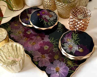 Shades of Purple Flowers Resin Geode Serving Tray and Coasters | Platter | Charcuterie | Housewarming Gift | Wedding | Vanity Tray