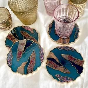 Navy and Pink Geode-shaped Resin Coasters | Washi Tape | Trinket Tray | Housewarming | Wedding | Jewelry | Bridesmaid | Cocktails and Coffee