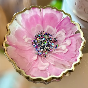 Pink and White 3D Flower Effect Resin Jewelry Bowl with Glitter and Gold Rim | Trinket Tray | Summer Gift | Housewarming | Pride Graduation