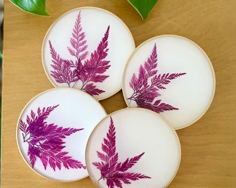 Springtime Round or Square Resin Coasters with Pressed, Dried Purple Fern, white, and gold rim | Pride | Mother’s Day | Home Decor