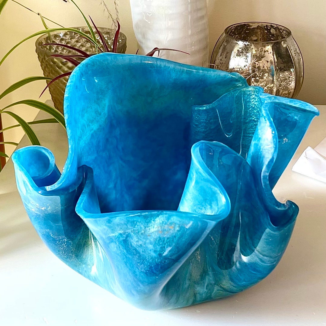 Hand Sculpted Marble Wavy Ruffled Resin Vase Bowl | Turquoise Mauve ...