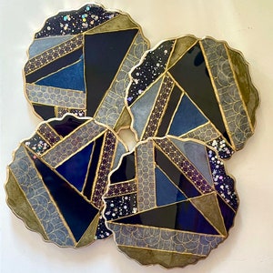 Navy, Blue, and Gold Geometric Geode-shaped Resin Coasters Washi Tape Cocktails & Coffee Housewarming Gift Christmas Jewelry Tray image 2