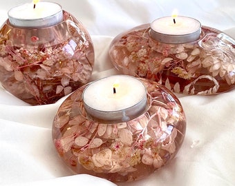 Pink Dried Pressed Flowers Tea Light Candle Holder | Custom | Jewerly Tray | Mother’s Day | Housewarming Gift | Wedding | Birthday
