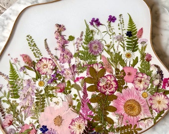Large Irregular Wavy Flat Tray with Dried, Pressed Flowers in Shades of Pink | Serving Platter | Housewarming | Wedding | Vanity Tray