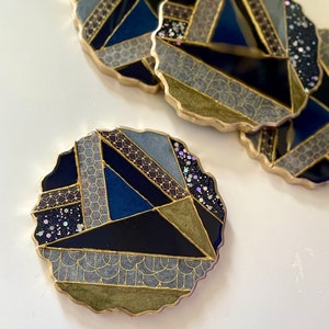 Navy, Blue, and Gold Geometric Geode-shaped Resin Coasters Washi Tape Cocktails & Coffee Housewarming Gift Christmas Jewelry Tray image 4