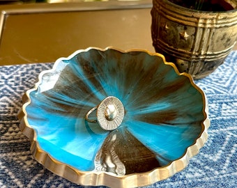 Turquoise and brown geode-edge bowl with small ring dish with brown flecks of tiny glass set | Jewelry dish | Catchall |trinket tray