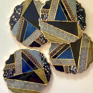 Navy, Blue, and Gold Geometric Geode-shaped Resin Coasters Washi Tape Cocktails & Coffee Housewarming Gift Christmas Jewelry Tray image 1