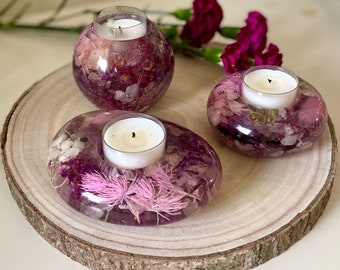 Purple Dried Preserved Flowers Tea Light Candle Holders | Plant lovers | Home Decor | Housewarming Gift | Wedding | Birthday