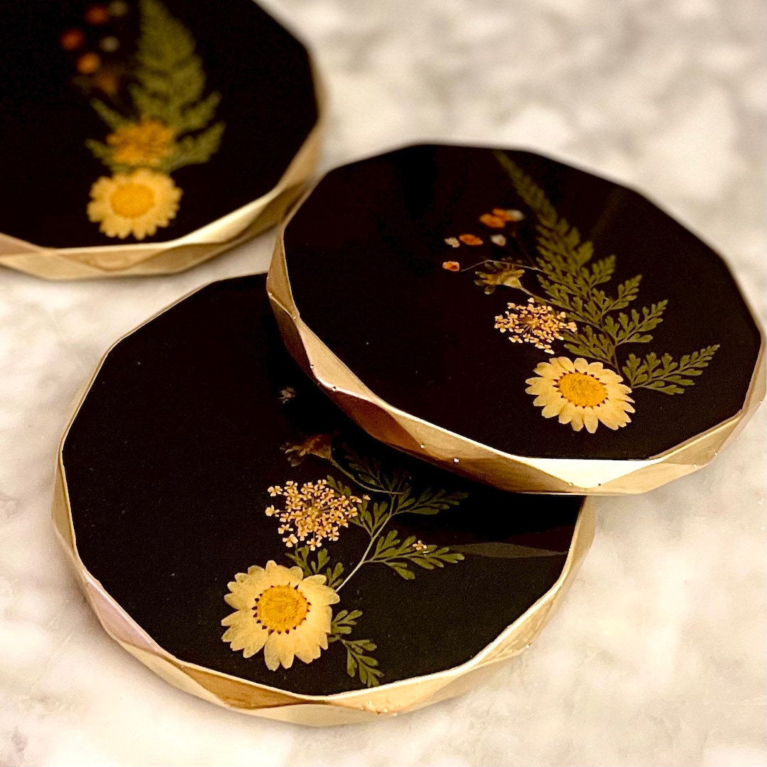 Black and Gold Resin Coasters With Pressed Dried Flowers Housewarming