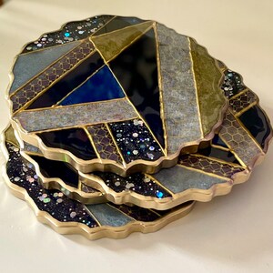 Navy, Blue, and Gold Geometric Geode-shaped Resin Coasters Washi Tape Cocktails & Coffee Housewarming Gift Christmas Jewelry Tray image 3