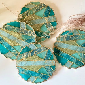 Teal, Marble Washi Tape and Gold Geometric Geode-shaped Resin Coasters | Cocktails Coffee | Housewarming Gift | Summer Decor | Jewelry Tray