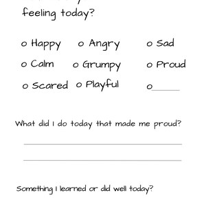 May include: A printable worksheet for children to track their feelings and reflect on their day. The worksheet includes a date section, a section to circle how they are feeling, a section to write what made them proud, and a section to write what they learned or did well.