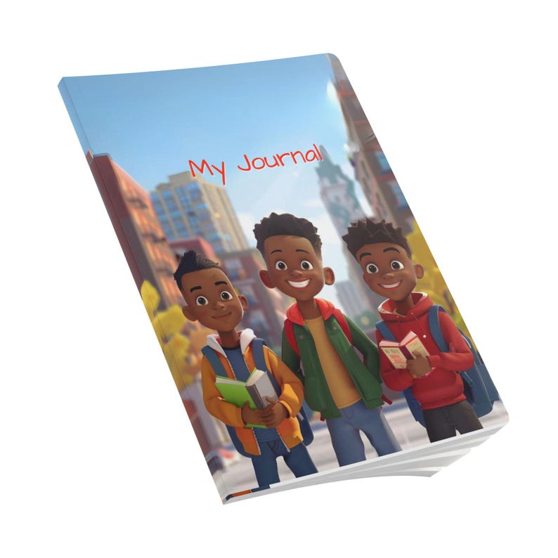 May include: A blue and white journal with the text "My Journal" in red. The cover features three cartoon boys with brown skin, wearing colorful clothing and holding books. The background is a city street.