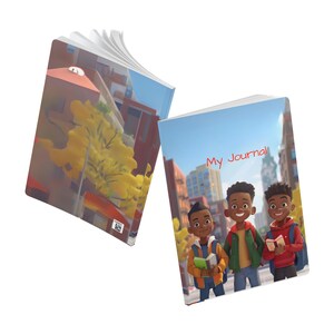 May include: Two blank journals with a colorful cityscape background. One journal has the text "My Journal" on the cover and features three cartoon boys with books. The other journal has a cityscape with a yellow tree.