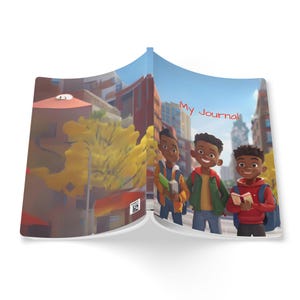 May include: A colorful journal cover with three cartoon boys holding books. The cover features a city street scene with buildings and a tree. The text "My Journal" is written in red letters on the cover.
