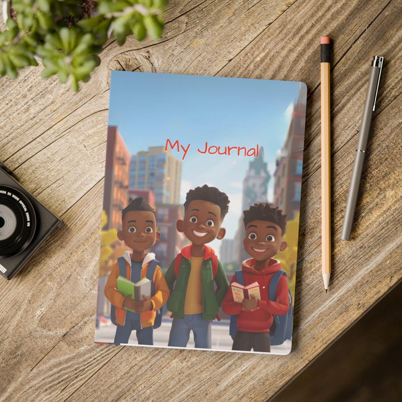 May include: A blue journal with the words "My Journal" in red text. The cover features an illustration of three Black boys standing in front of a city street. Each boy is holding a book and wearing a backpack.