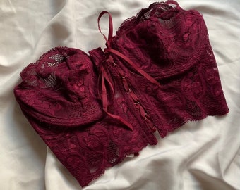 Rare Vintage Burgundy Lace Detailed Corset Top/ Crop Bustier