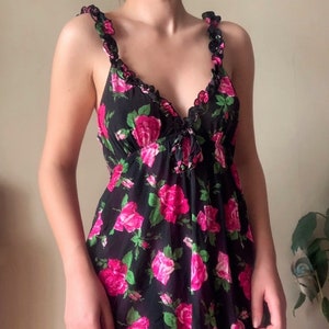 00s Seltenes Vintage Florales & Rüschen detailliertes Minikleid