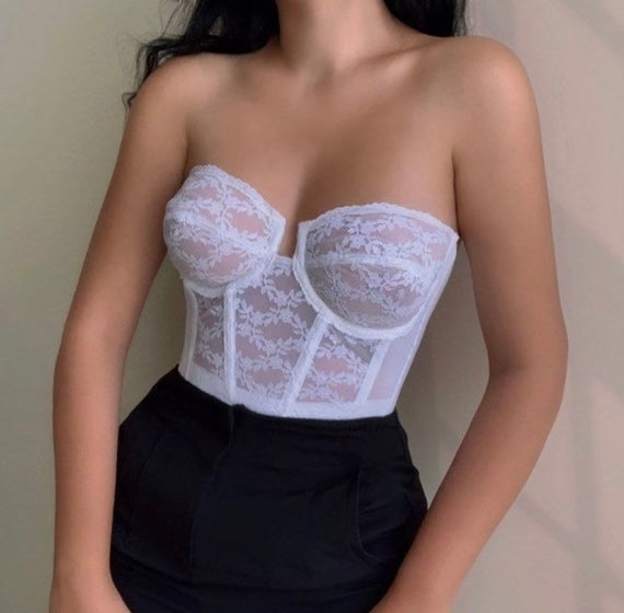 70s Vintage White Lace Corset Bustier Top
