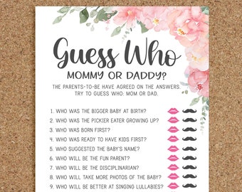 Guess Who Mommy or Daddy Game Guess Who Baby Shower Game Mom or Dad Pink Floral Baby Shower Games Floral Girl Baby Shower Games Flowers, P