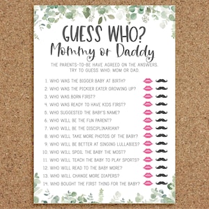 Gissa vem mamma eller pappa-spel Gissa vem babyshower-spel Mamma eller pappa Grönsaker Babyshower-spel Eukalyptus Coed Babyshower-spel Neutral, EG
