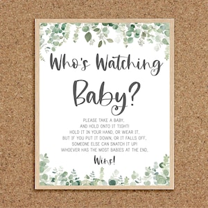 Who&#39;s Watching Baby Game Whos Watching Baby Greenery Baby Shower Games Eucalyptus Neutral Baby Shower Games Coed Shower Games Printable, EG