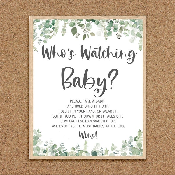 Who's Watching Baby Game Whos Watching Baby Greenery Baby Shower Games Eucalyptus Neutral Baby Shower Games Coed Shower Games Printable, EG