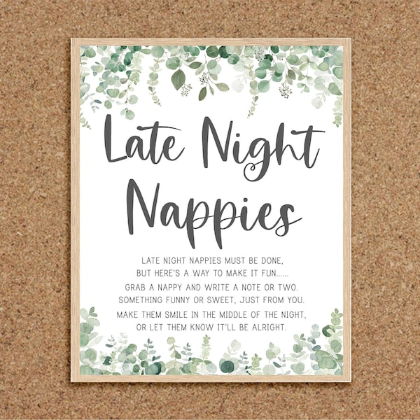 Neutral Baby Shower Games Late Night Nappies Late Night Nappy Sign Diaper Messages Nappy Thoughts Greenery Baby Shower Games Eucalyptus, EG