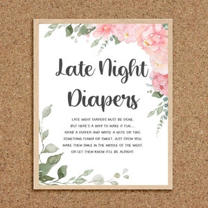 Pañales nocturnos Signo de pañales nocturnos Mensajes de pañales Pensamientos sobre pañales Juegos de baby shower florales rosas Juegos de baby shower florales para niñas, P