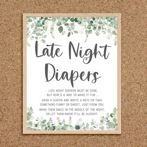 Late Night Diapers Late Night Diaper Sign Diaper Messages Diaper Thoughts Greenery Baby Shower Games Eucalyptus Coed Shower Games Twins, EG