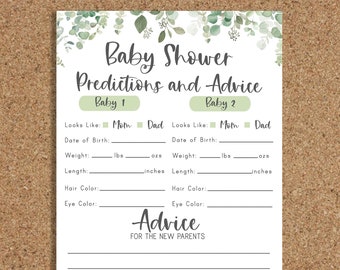May include: A printable baby shower game card featuring a green eucalyptus design. The card has sections for guests to write predictions about the baby, including the baby's weight in pounds and ounces, length in inches, hair colour, and eye colour. The card also includes a section for advice for the new parents.