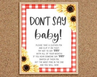 Don't Say Baby Dont Say Baby Game Don't Say Baby Game Sign Clothes Pin Game Baby-Q Games BabyQue BBQ Baby Shower Games Sunflower BabyQ, S