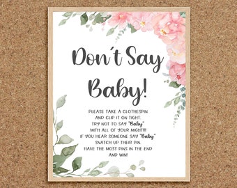 Don't Say Baby Dont Say Baby Game Clothespin Game Baby Shower Pink Floral Baby Shower Games Floral Girl Baby Shower Games Pink Flowers, P