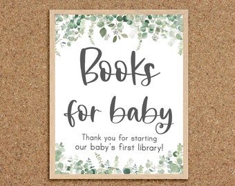 Libros para Baby Sign Biblioteca del bebé Libros para Baby Shower Solicitud de libro para Baby Shower Baby Shower con vegetación Letrero de eucalipto para Baby Shower, EG