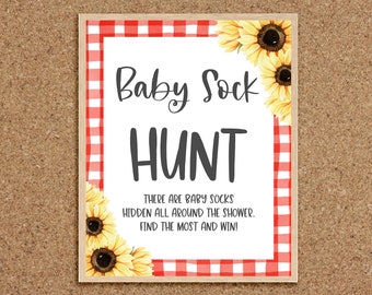 Baby Sock Hunt Baby Sock Hunt Sign Find the Baby Socks Baby-Q Games BabyQue BBQ Baby Shower Games Sunflower BabyQ Backyard Baby Shower, S