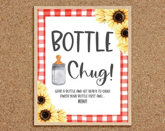 Baby Bottle Game Bottle Chug Sign Baby Bottle Chug Baby is Brewing Baby-Q Games BBQ Baby Shower Games Sunflower BabyQ Summer Baby Shower, S