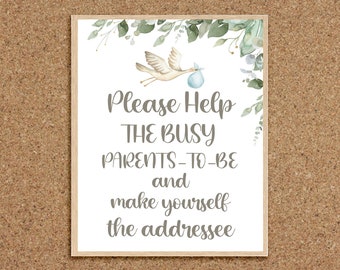 Addressee Sign Help the Busy Mom to be Make Yourself Addressee Sign Stork Baby Shower Boy Baby Shower Baby Boy Shower Gift Table Sign, K