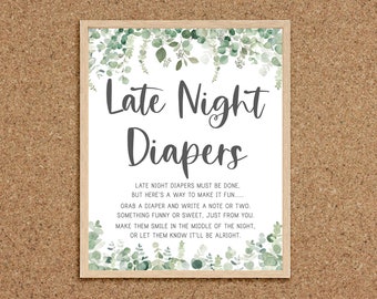Late Night Diapers Late Night Diaper Sign Diaper Messages Diaper Thoughts Greenery Baby Shower Games Eucalyptus Coed Shower Games Twins, EG