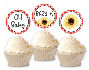 BBQ Baby Douche Decoraties Baby Q Cupcake Toppers Barbecue Baby Douche Baby-Q Douche BBQ Baby Shower Zonnebloem Zomer Baby Douche Picknick, S
