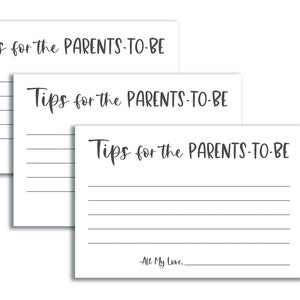 Peut inclure: Trois cartes blanches avec des lignes noires et le texte "Conseils pour les futurs parents" sur chaque carte. La carte du bas a &eacute;galement le texte "Tout mon amour..."
