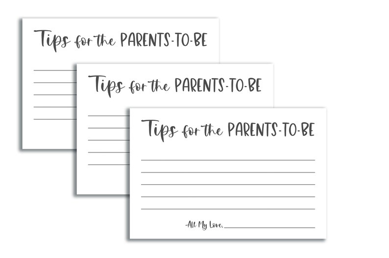 Peut inclure: Trois cartes blanches avec des lignes noires et le texte "Conseils pour les futurs parents" sur chaque carte. La carte du bas a &eacute;galement le texte "Tout mon amour..."