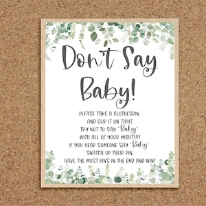 Don&#39;t Say Baby Dont Say Baby Game Baby Shower Games Don&#39;t Say Baby Shower Game Sign Greenery Baby Shower Eucalyptus Coed Games Twins, EG