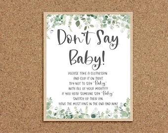 Don&#39;t Say Baby Dont Say Baby Game Baby Shower Games Don&#39;t Say Baby Shower Game Sign Greenery Baby Shower Eucalyptus Coed Games Twins, EG
