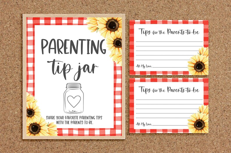 May include: A red and white gingham patterned sign with sunflowers and the text "PARENTING tip jar" and a drawing of a mason jar with a heart. Below the jar is the text "SHARE YOUR FAVORITE PARENTING TIPS WITH THE PARENTS-TO-BE."